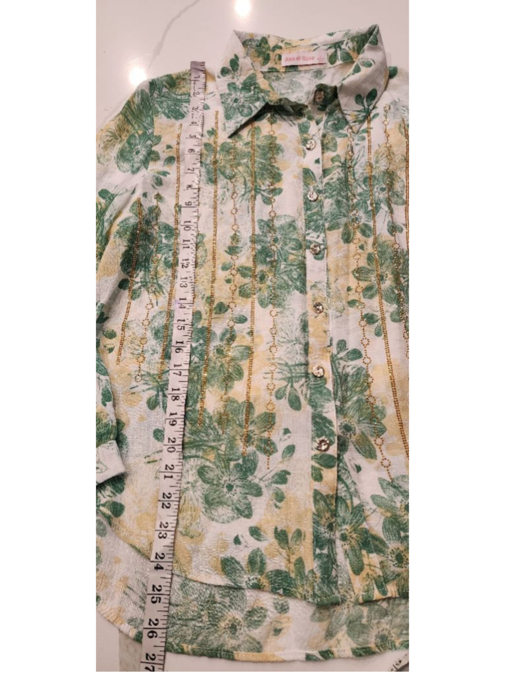 Ana & Rose Green Floral Button Down Shirt Women's L Gold Embellished Blouse - Picture 10 of 13